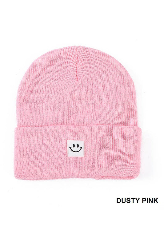 Smiley Face Patch Beanie: DUSTY PINK