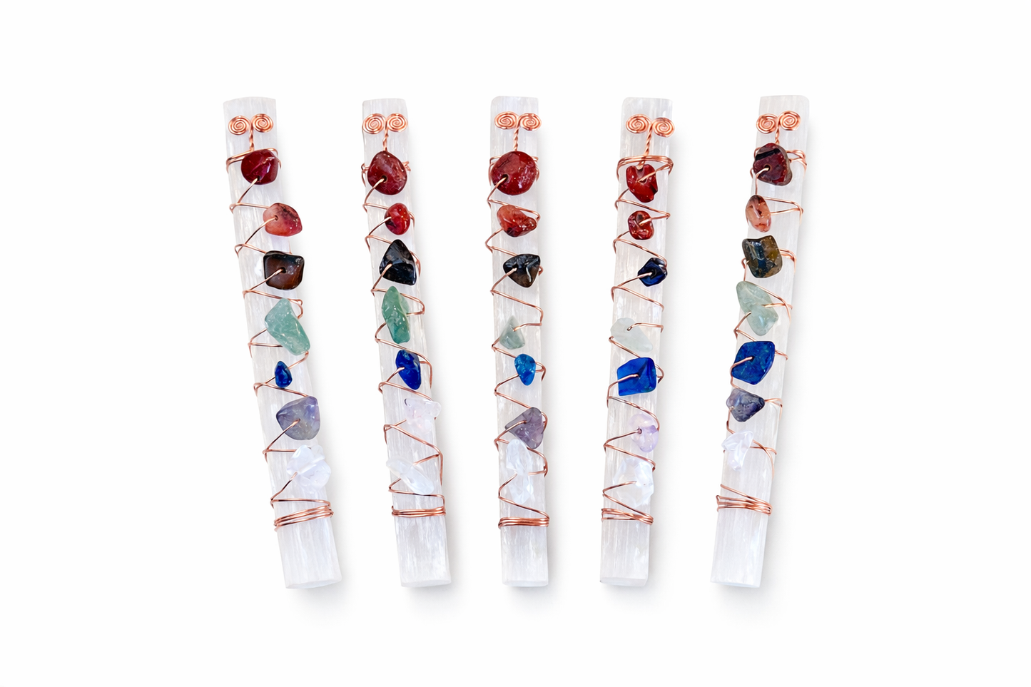 Selenite Crystal Wands w/ Seven Stone Chakras & Copper Wire