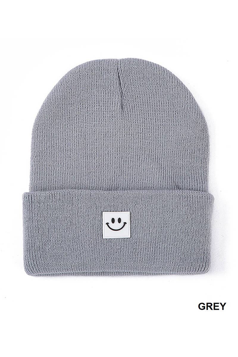 Smiley Face Patch Beanie: GREY