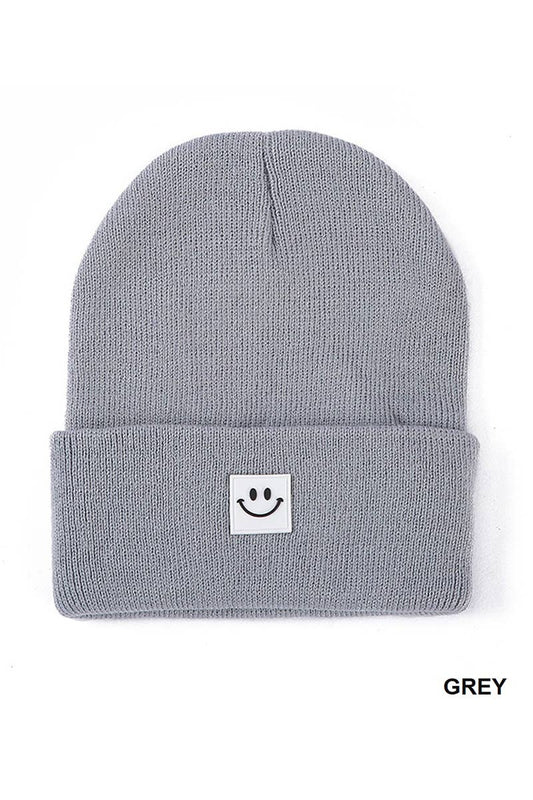 Smiley Face Patch Beanie: GREY