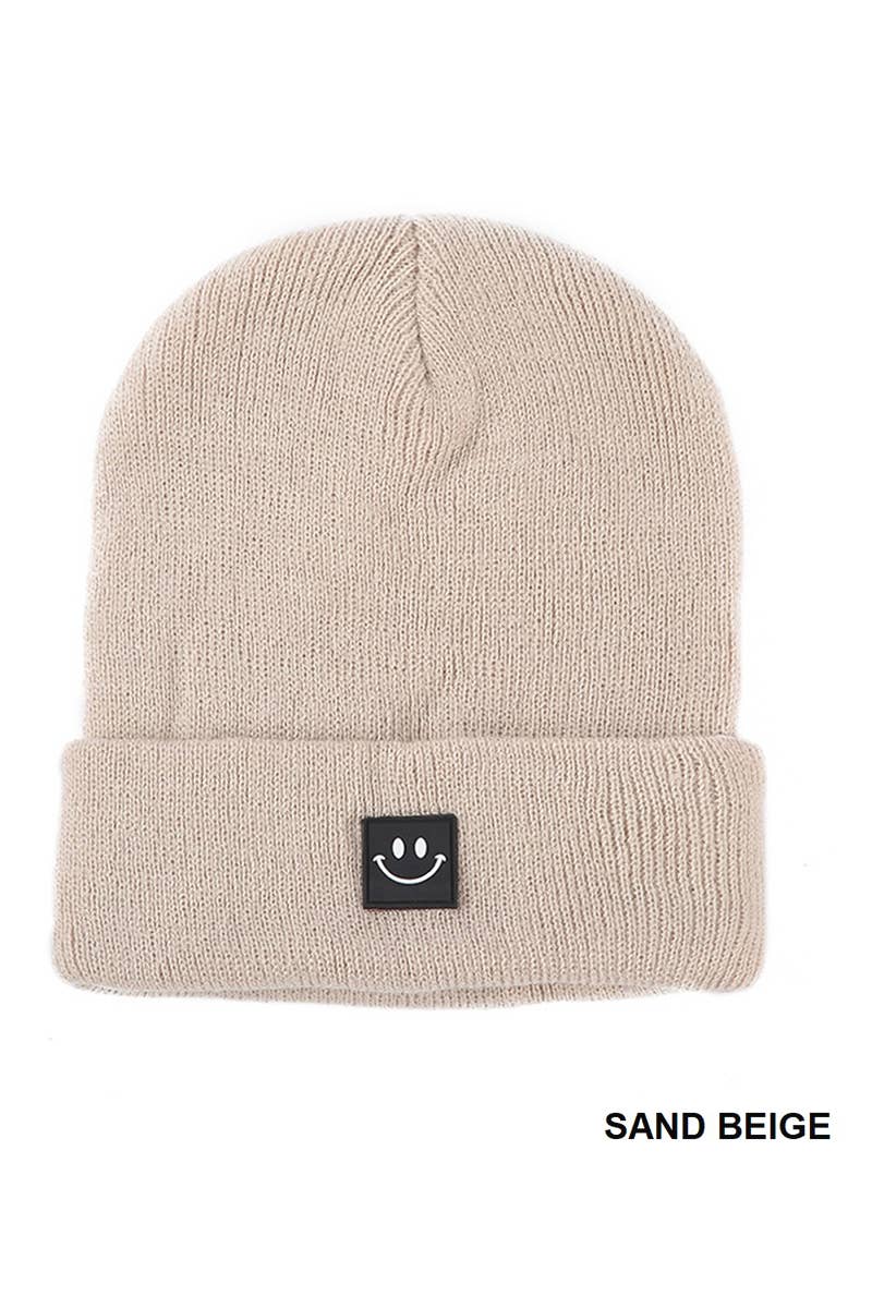 Smiley Face Beanie: SAND BEIGE