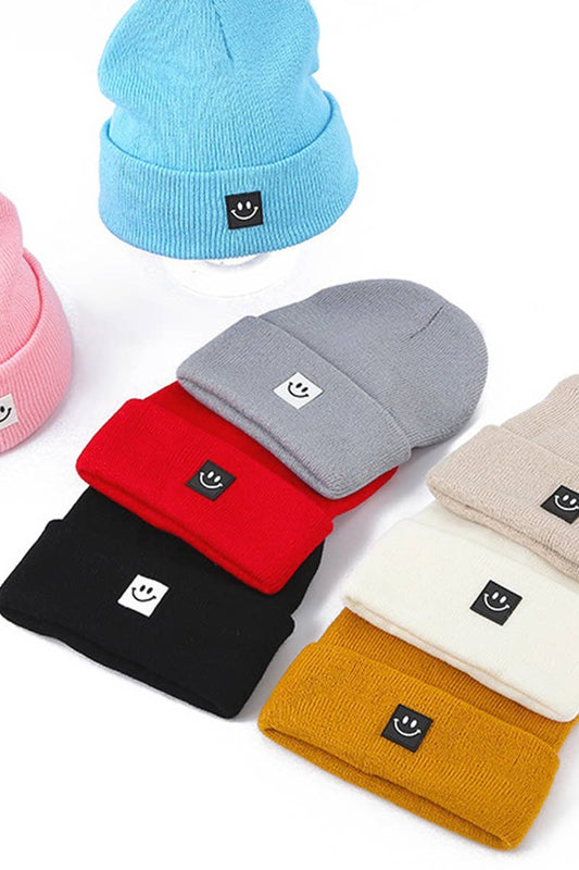 Smiley Face Patch Beanie: GREY