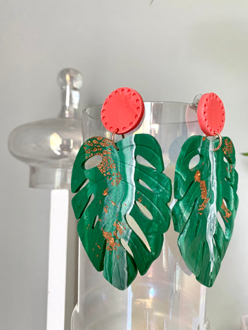 Coral Monstera Earrings with Rose Gold