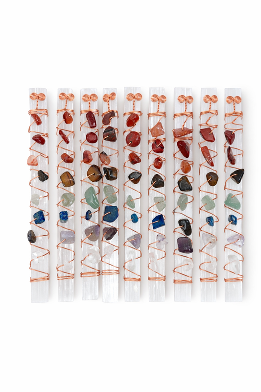 Selenite Crystal Wands w/ Seven Stone Chakras & Copper Wire