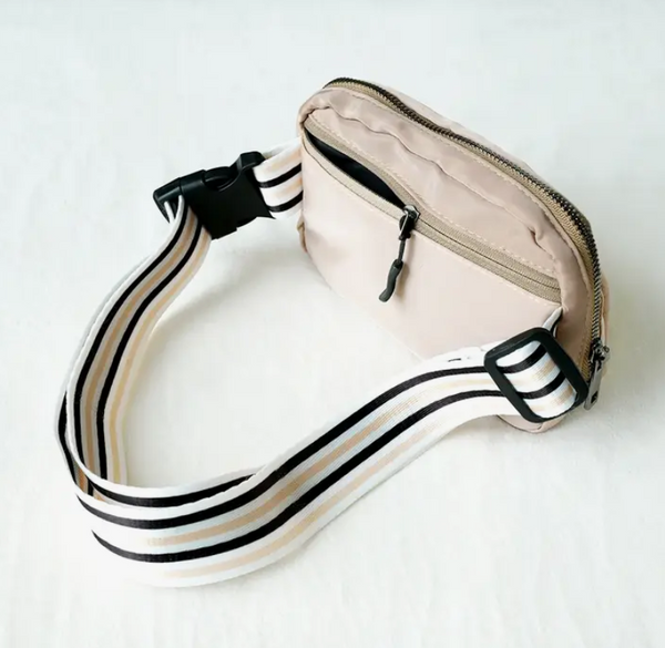 The All-In-One Belt Bag - Beige with Striped Strap