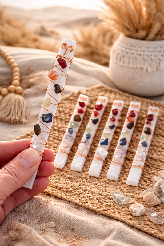 Selenite Crystal Wands w/ Seven Stone Chakras & Copper Wire