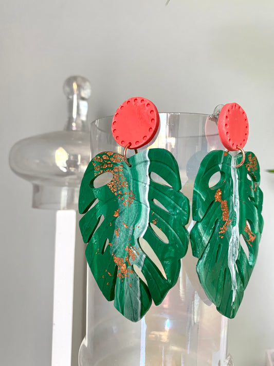 Coral Monstera Earrings with Rose Gold