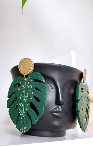 Monstera Gold Earrings with planter pot