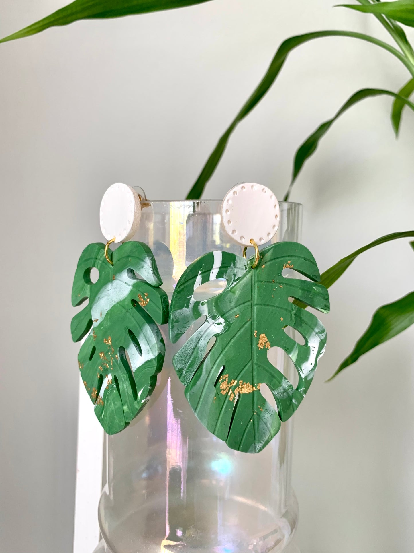 Pink or White Handmade Monstera Clay Earrings With Gold Foil