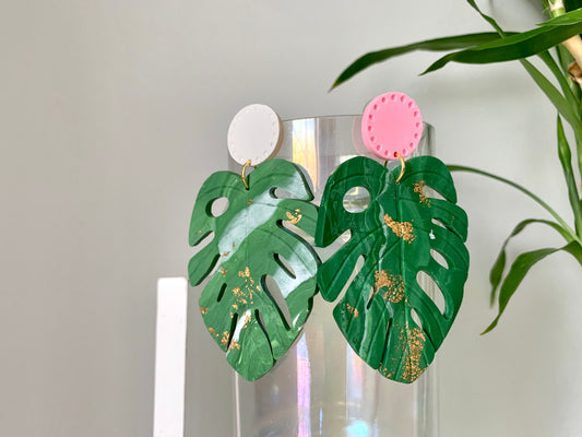 Pink or White Handmade Monstera Clay Earrings With Gold Foil
