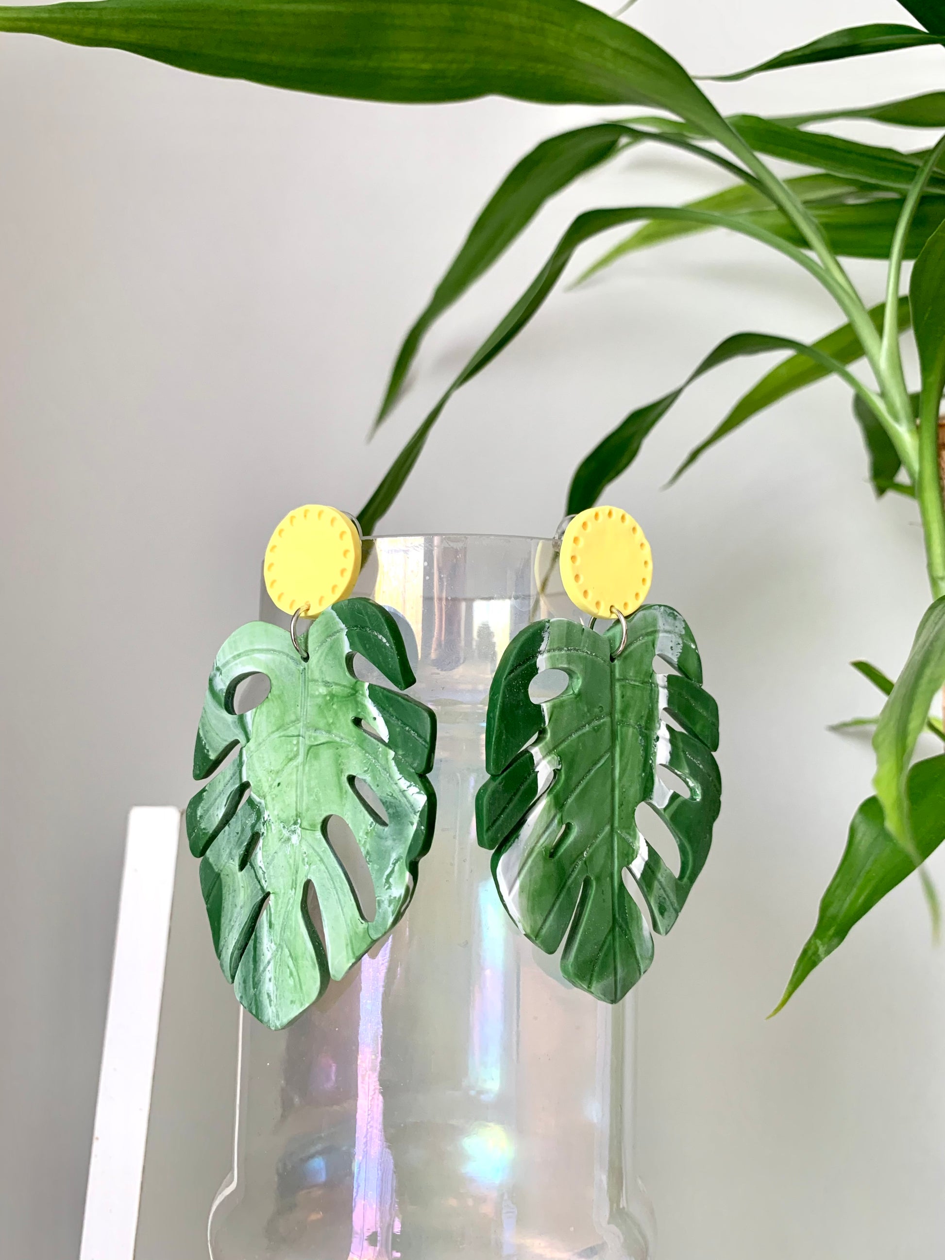 monstera plant earrings Yellow Handmade Monstera Clay Earrings