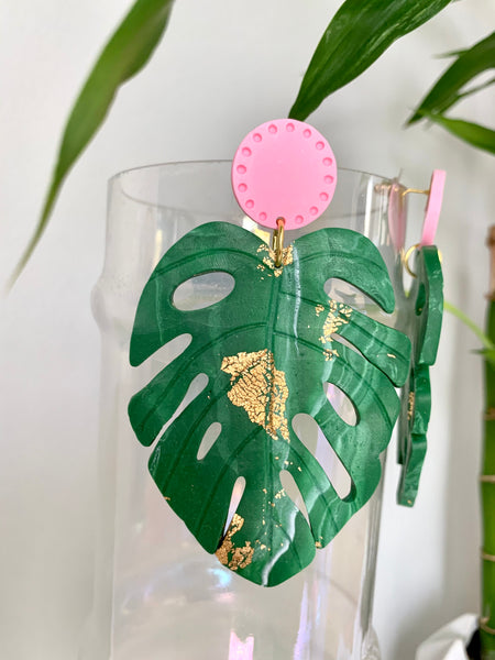 Pink or White Handmade Monstera Clay Earrings With Gold Foil
